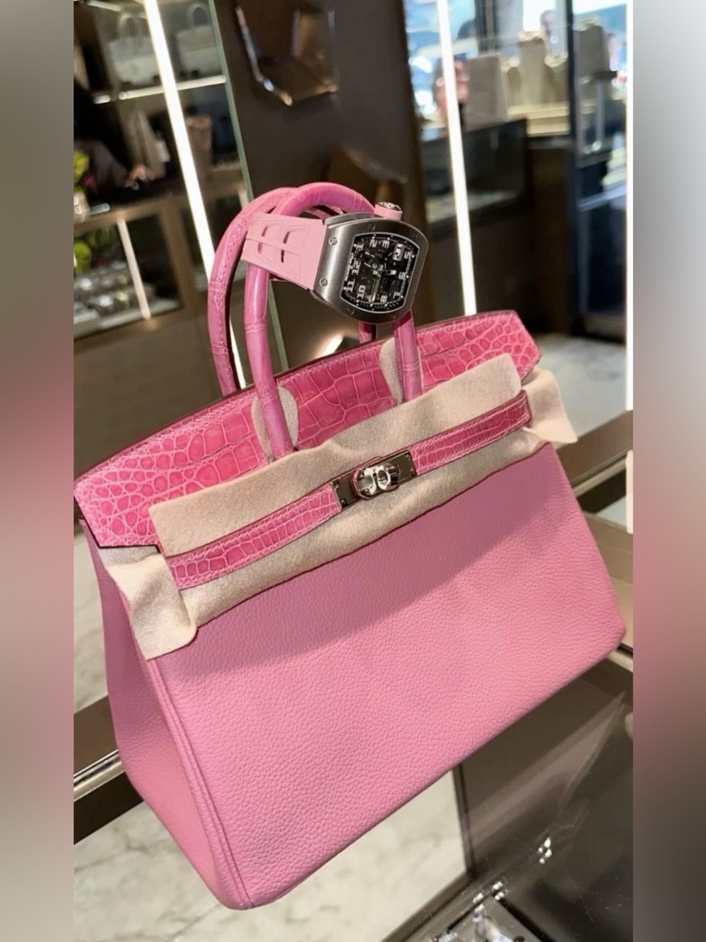 SUEDE DOBLIS IMPORTED BIRKIN 30 TOUCH PHW HANDMADE ROSE GENUINE CROCODILE PINK